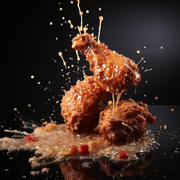 Floating roasted chicken with splashing sauce on dark background