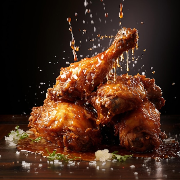 Floating roasted chicken with splashing sauce on dark background