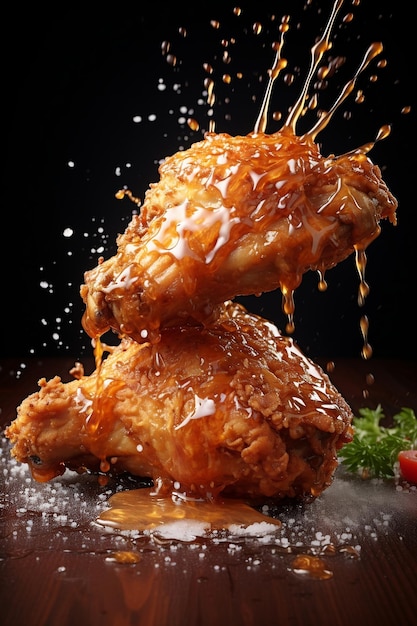 Floating roasted chicken with splashing sauce on dark background