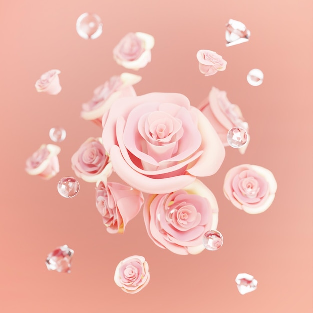 Foto floating rose pink petals and diamonds valentining wedding background concept 3d render