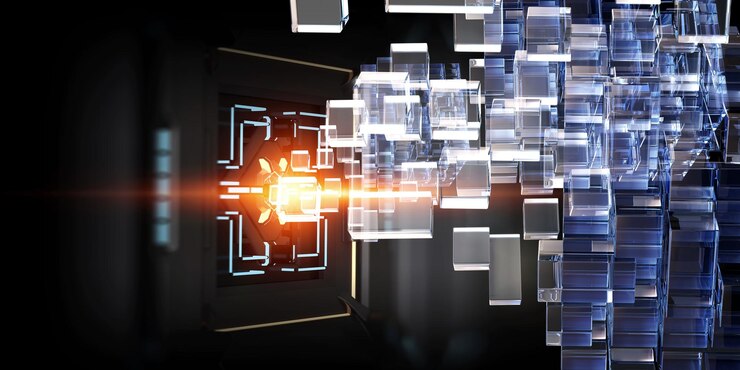 Photo floating shiny cube network. mixed media