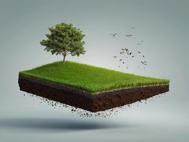 Photo floating slice of land with green grass surface and soil section flying land grass texture isolated
