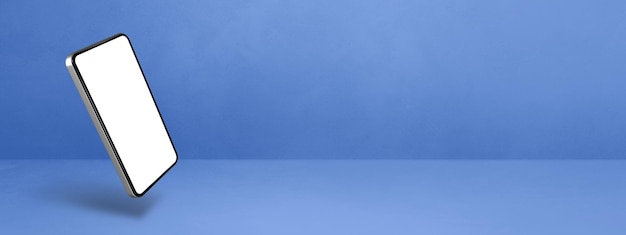Плавающий смартфон изолирован на синем фоне горизонтального баннера