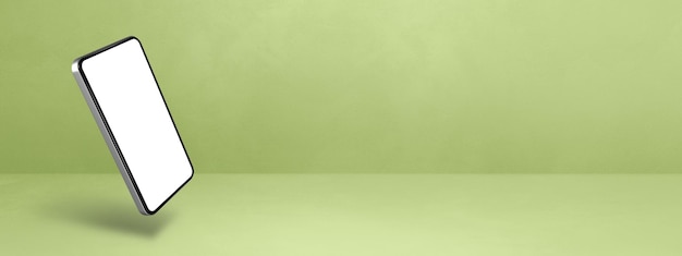 Foto smartphone galleggiante isolato su sfondo verde banner orizzontale