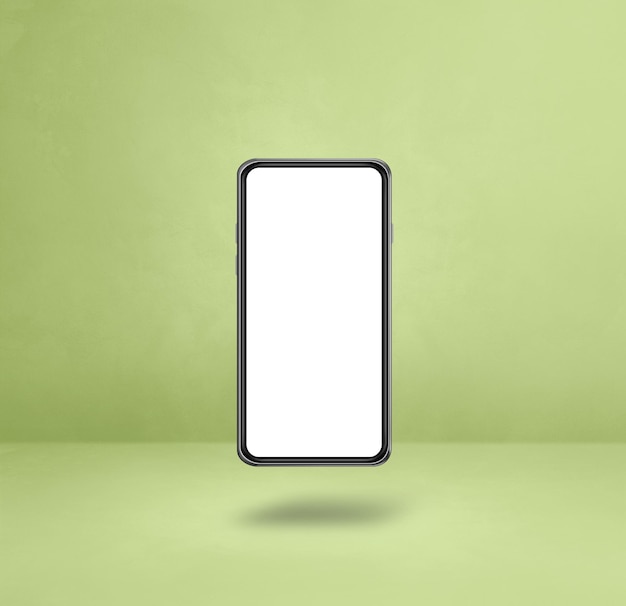 Floating smartphone isolated on green Square background