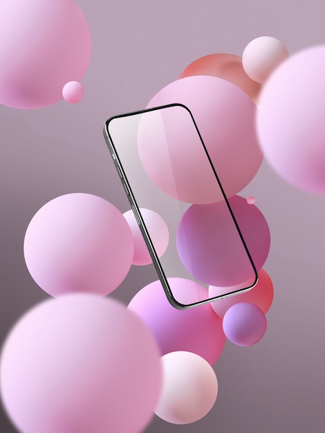 Photo floating smartphone screen with bubbles