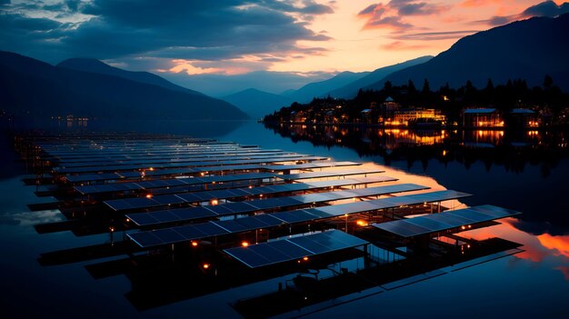 Floating solar farm on a serene lake harnessing solar energy while minimizing land use