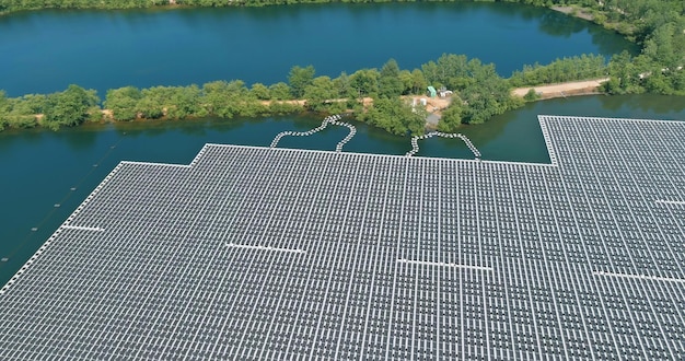 Floating solar panel system with generates clean alternative energy on lake