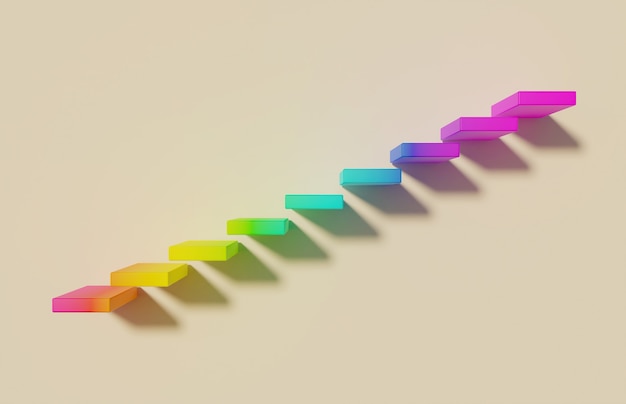 Floating stairs with rainbow hsl color on yellow background with soft shadow. 3d rendering