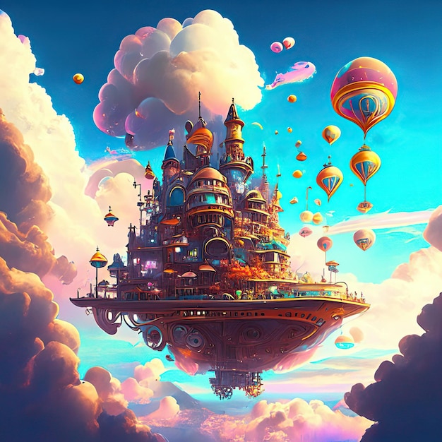 Floating Steampunk City in Sky with Colorful Buildings Clouds and Hot Air Balloons