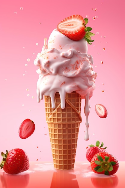 floating strawberry ice cream cone topping with strawberry fruit isolated in pink background