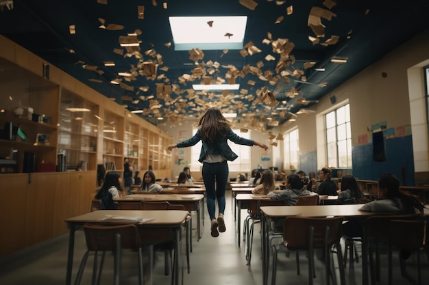 Photo floating student in a classroom with papers in the air