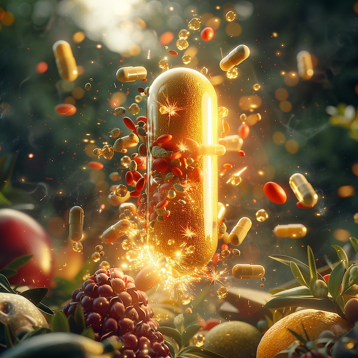 Photo floating supplement capsule bursting with nutrients in midair