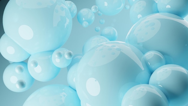 Плавающие приостановленные пастельные синие шары на синем фоне. 3D визуализация глянцевых сфер. Пастельные тона пантона. Абстрактный фон. Наука физика глянцевые шары современного искусства поп. Скопировать пространство пустое пространство