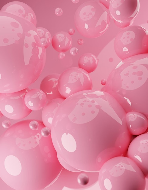Floating suspended pastel pink balls in the pink background.3D render of glossy spheres. Pastel colours pantone. Abstract background. Science physics glossy balls modern art pop.Copy space empty space