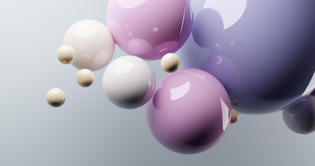 Floating suspended pastel tone balls in grey background.3D render glossy spheres.Pastel colours pantone. Abstract background. Science physics nano rendering balls modern art pop.Copy space space