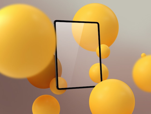 Floating tablet screen with bubbles