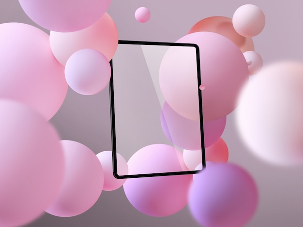 Floating tablet screen with bubbles