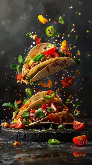 Floating tacos with ingredients aligning 3D illustrate style