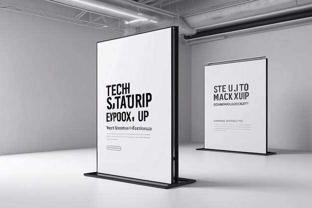 Фото Плавучий tech startup expo signage mockup с пустым белым пустым пространством для размещения вашего дизайна