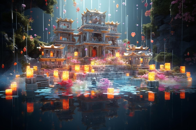 Floating temple of healing through colors