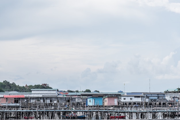 Floating village on the sea with daylight