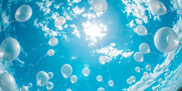 Foto palloncini bianchi galleggianti in un cielo blu limpido in una giornata di sole celebrativo concetto di libertà di umore ideale per eventi e sfondi ai