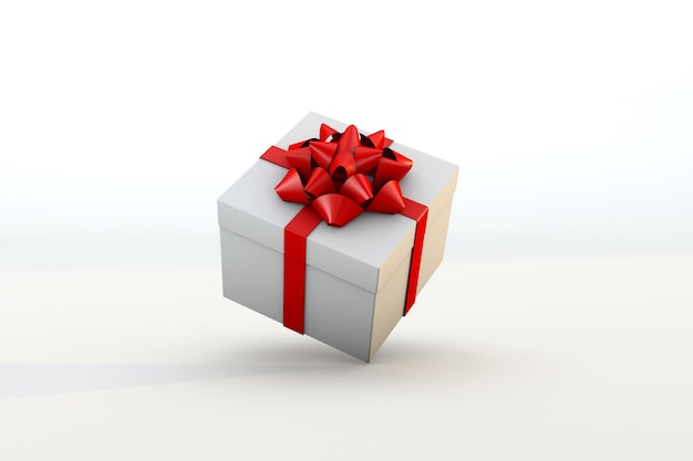 Floating white gift box and red ribbon 3d render