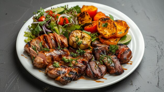 Floating White plate with Mixed meat grilled and salad Generative Ai