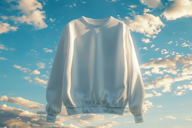 雲の空の背景に浮かぶ白いスウェットシャツ ジェネレーティブAI