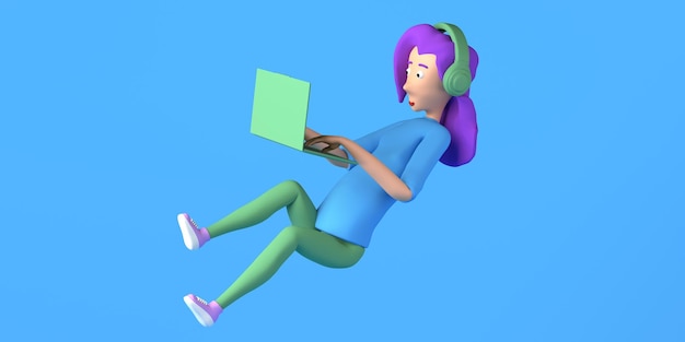 Фото Плавающая женщина, работающая с ноутбуком freelance copy space 3d illustration мультфильм