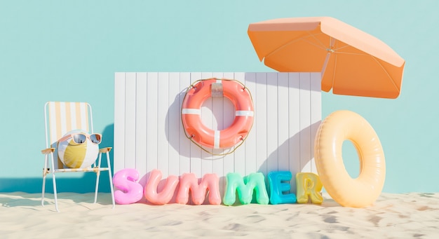 Floats sign with the word SUMMER and beach accessories. summer vacation concept. 3d rendering