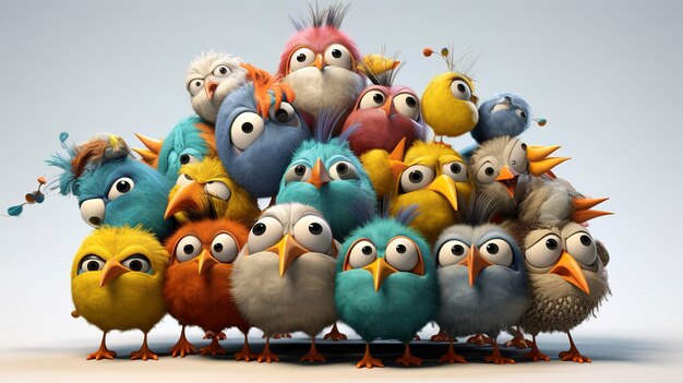 Foto flock of birds e personaggi 3d faccia carina