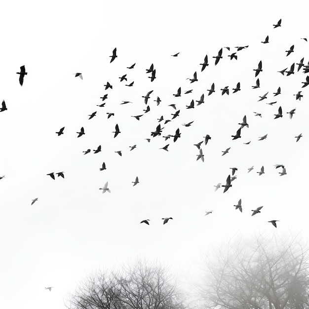 A flock of birds flying across a white sky