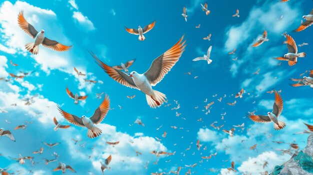 A flock of birds flying against a bright blue sky