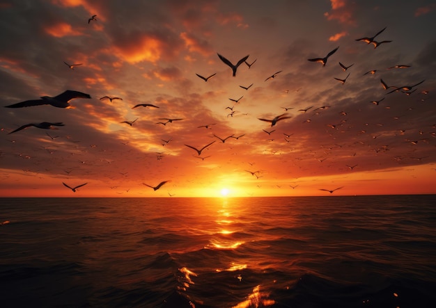 A flock of birds flying against a sunset sky