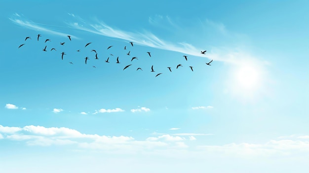 Photo a flock of birds flying in a blue sky the birds are flying in a vformation the sun is shining in the background there are some clouds in the sky