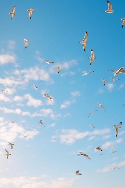 Photo flock of birds flying in blue sky