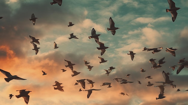 AIが生成したイラストを表す鳥の群れが編成で飛んでいる