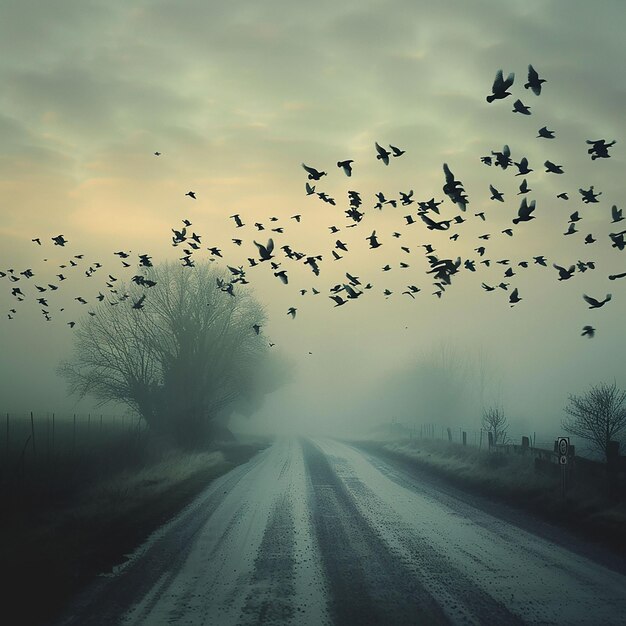 Photo a flock of birds flying over a road with a foggy sky in the background