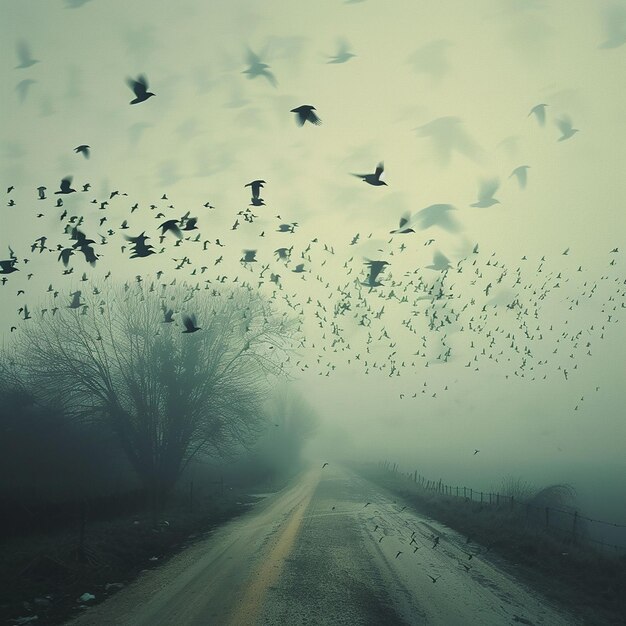 Photo a flock of birds flying over a road with a road sign in the background