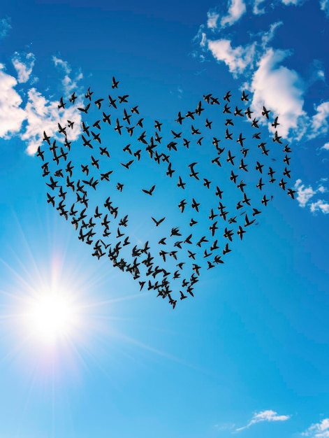 A flock of birds flying in the sky form a heart shape beautiful sky bright summer day