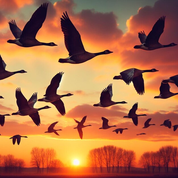 Photo a flock of birds flying in the sky at sunset