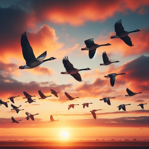 Photo a flock of birds flying in the sky at sunset