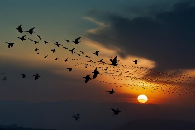 a flock of birds flying in the sky at sunset