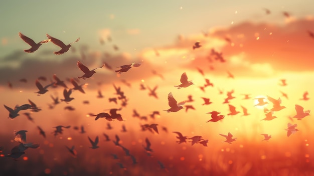 a flock of birds flying in the sky at sunset