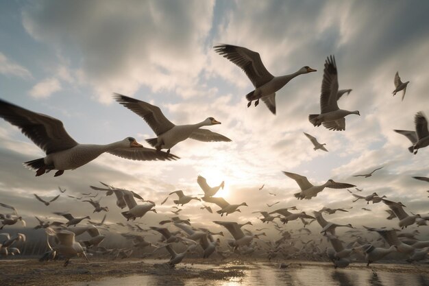 A flock of birds flying in the sky with the sun behind them