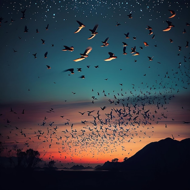 A flock of birds flying in the sky with the sunset behind them