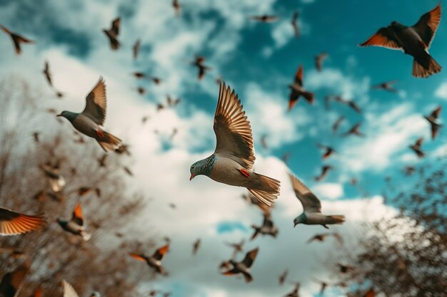 Foto gregge di uccelli che volano nel cielo con gli alberi sullo sfondo generativo ai