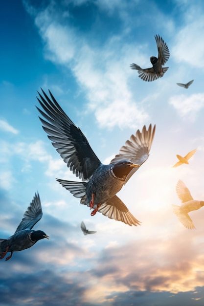 Flock of birds flying through blue cloudy sky with sun in the background Generative AI